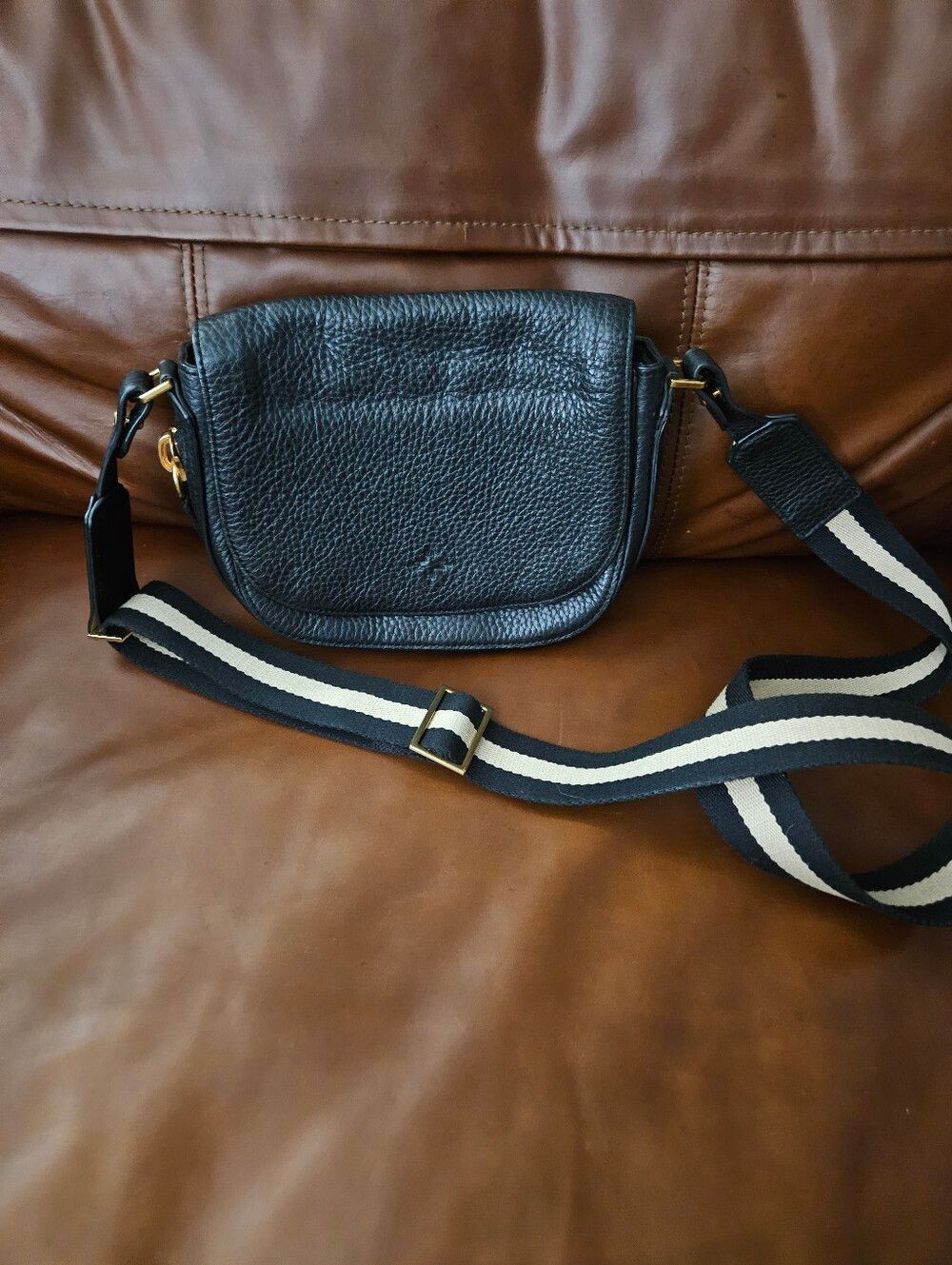 India Hicks Black Leather Crossbody Saddle Bag with Striped  Strap